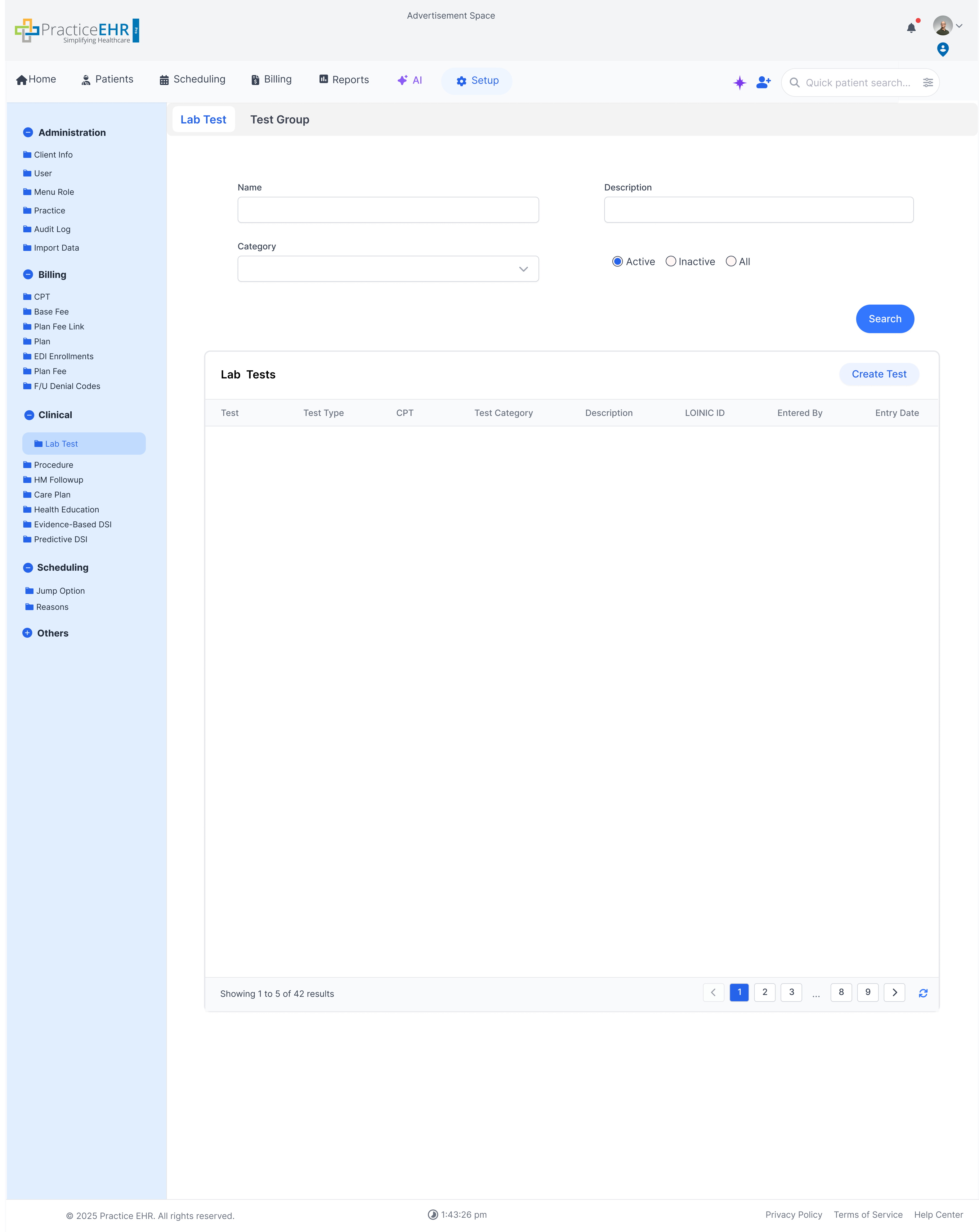 Lab Test management screen